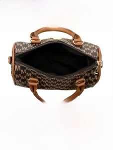 Top view of retro printed Boston bag showing spacious interior and golden hardware