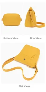 Detailed views of bright yellow nylon crossbody bag from bottom side and front layout