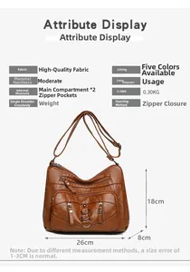 Detailed view of brown multi-pocket crossbody bag with dimensions and internal structure