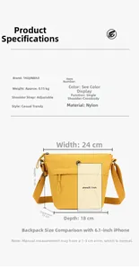 Detailed size chart showing nylon bucket bag dimensions and 6.1-inch phone comparison