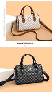 Detail of Boston bags with vintage M-letter print and round metal logo hardware