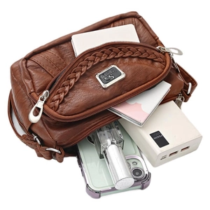 Brown soft leather multi-pocket crossbody bag with spacious compartments and S Sport logo