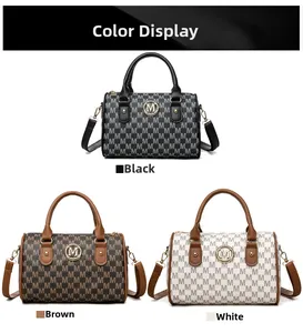 Three Boston handbags in black brown and white with letter print and gold hardware