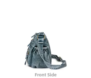 Side view of vintage washed leather motorcycle bag showing elastic pocket and wide strap