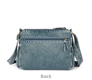 Detailed back view of vintage washed leather crossbody bag with bronze zipper pocket