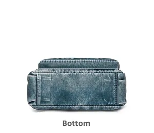 Detail view of the rectangular bottom base with reinforced double stitching on blue leather bag