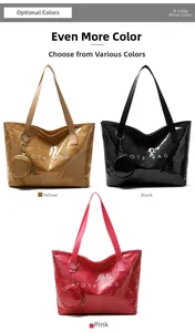 Three large waterproof PVC tote bags in brown, black, and pink with a glossy finish