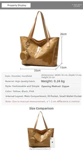 Detailed view showing yellow tote bag dimensions and round coin purse attachment