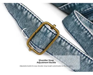 Detail of adjustable blue denim texture synthetic leather shoulder strap with bronze buckle