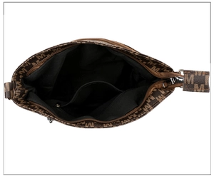 Top view of large capacity vintage brown shoulder bag showing internal zipper pocket