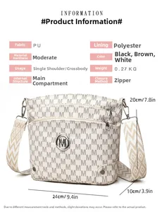 Detail view of cream PU crossbody bag featuring M-letter monogram and metal logo