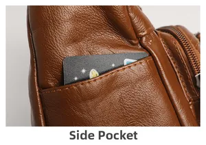 Macro detail of the side pocket on a brown leather shoulder bag showing storage space