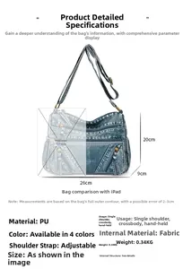 Blue PU leather crossbody bag dimensions 26x20x9cm with adjustable shoulder strap detail