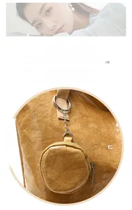 Detail of a mustard yellow round coin purse charm attached with silver chain to a tote bag