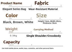 Detailed technical specifications and size chart for the elegant crossbody handbag