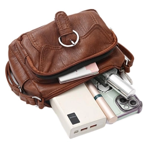 Brown vintage PU leather shoulder bag for women with multi-compartment storage capacity