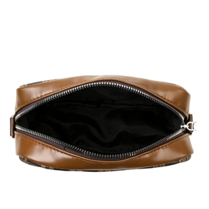 Sac caméra marron avec côtés à motifs et large bandoulière vue de dessus détaillée