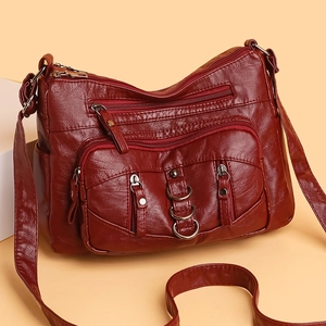 Vintage burgundy multi-zipper crossbody bag with PU leather texture and metal ring details