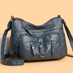Navy blue multi-zipper crossbody bag in soft PU leather with large capacity compartments