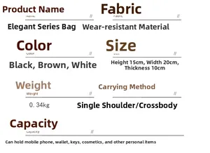 Detailed size and material specification chart for the vintage crossbody handbag