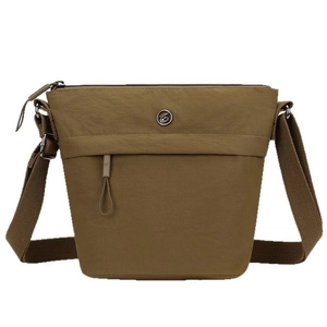 Minimalist khaki nylon crossbody bucket bag with adjustable strap and metal logo