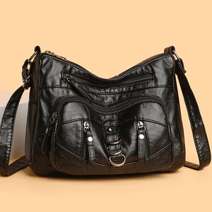 Black multi-pocket crossbody bag with lychee texture and adjustable wide shoulder strap