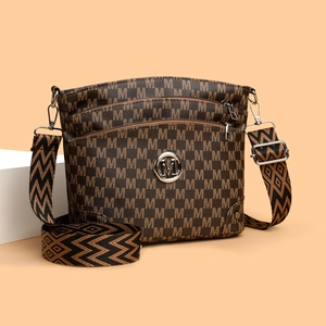 Women Crossbody Bag PU Leather M Monogram Print Multi Zipper Layers Wide Guitar Strap Retro Vintage Style Casual Travel
