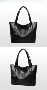 Dettaglio borsa shopper nera motivo coccodrillo con ciondolo portamonete tondo