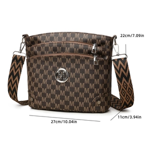 Brown soft leather crossbody bag with letter M pattern and adjustable geometric strap