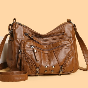 Women Crossbody Bag Soft PU Leather Multi Pocket Zippered Shoulder Purse With Rivet And Braided Detail For Daily Travel