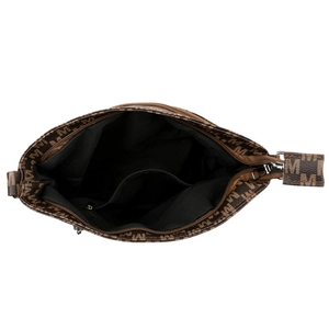 Deep brown monogram shoulder bag featuring a spacious interior with a black fabric lining