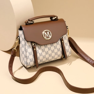 Retro Women Monogram Print Crossbody Bag PU Leather Handbag With Gold Metal Logo Top Handle And Adjustable Strap