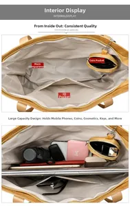 Detailed interior of yellow tote bag showing spacious compartments for laptop and daily items