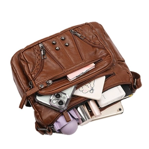 Brown vintage multi-pocket crossbody bag with large capacity for essentials
