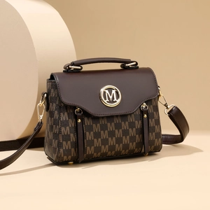 Classic vintage dark brown satchel bag with all-over M pattern and gold metal buckle