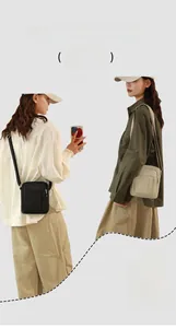 Dual-view detail of durable canvas crossbody bags in black and beige with front pockets