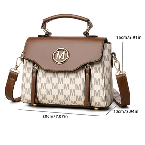 Classic retro leather shoulder bag with M pattern print and gold buckle detail