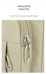 Detail of smooth resin zipper with branded long puller on beige canvas crossbody bag