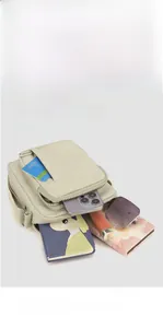 Multi-layer canvas crossbody bag detail showing interior compartments and storage capacity
