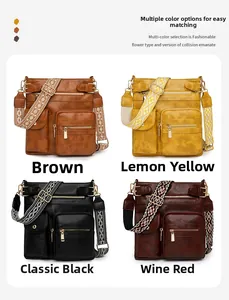 Detail of four colorful vintage PU leather bags with floral wide straps and multi-pockets