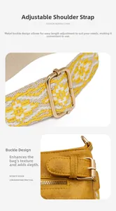 Detail of yellow lychee texture PU leather bag with woven strap and golden buckle