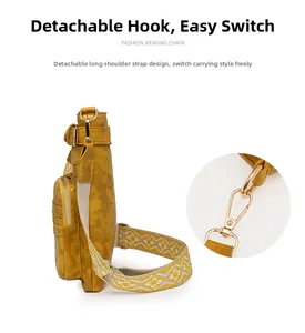 Detail of yellow lychee grain PU bag with detachable geometric pattern wide strap