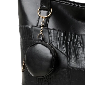 Borsa tote nera patchwork con texture a coccodrillo e lucertola e borsellino