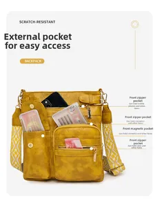 Detail view of yellow PU leather bag with multi-pocket organization and scratch-resistant texture