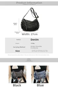 Détails du sac en denim 27x20x10cm avec conception à plusieurs poches zippées