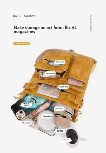Detailed view of yellow PU leather backpack showing large capacity and multi-pocket storage