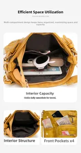 Detail of yellow PU leather crossbody bag showing large capacity with four front pockets