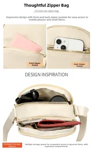 Detail of cream nylon crossbody bag with multiple zipper compartments for organized storage