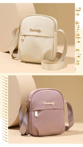 Mini nylon crossbody bags in cream and lilac colors with adjustable shoulder straps