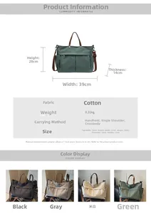 Guide des tailles détaillé pour le grand sac fourre-tout en nylon montrant quatre couleurs